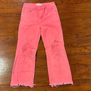 Pink Distressed Cropped Jeans